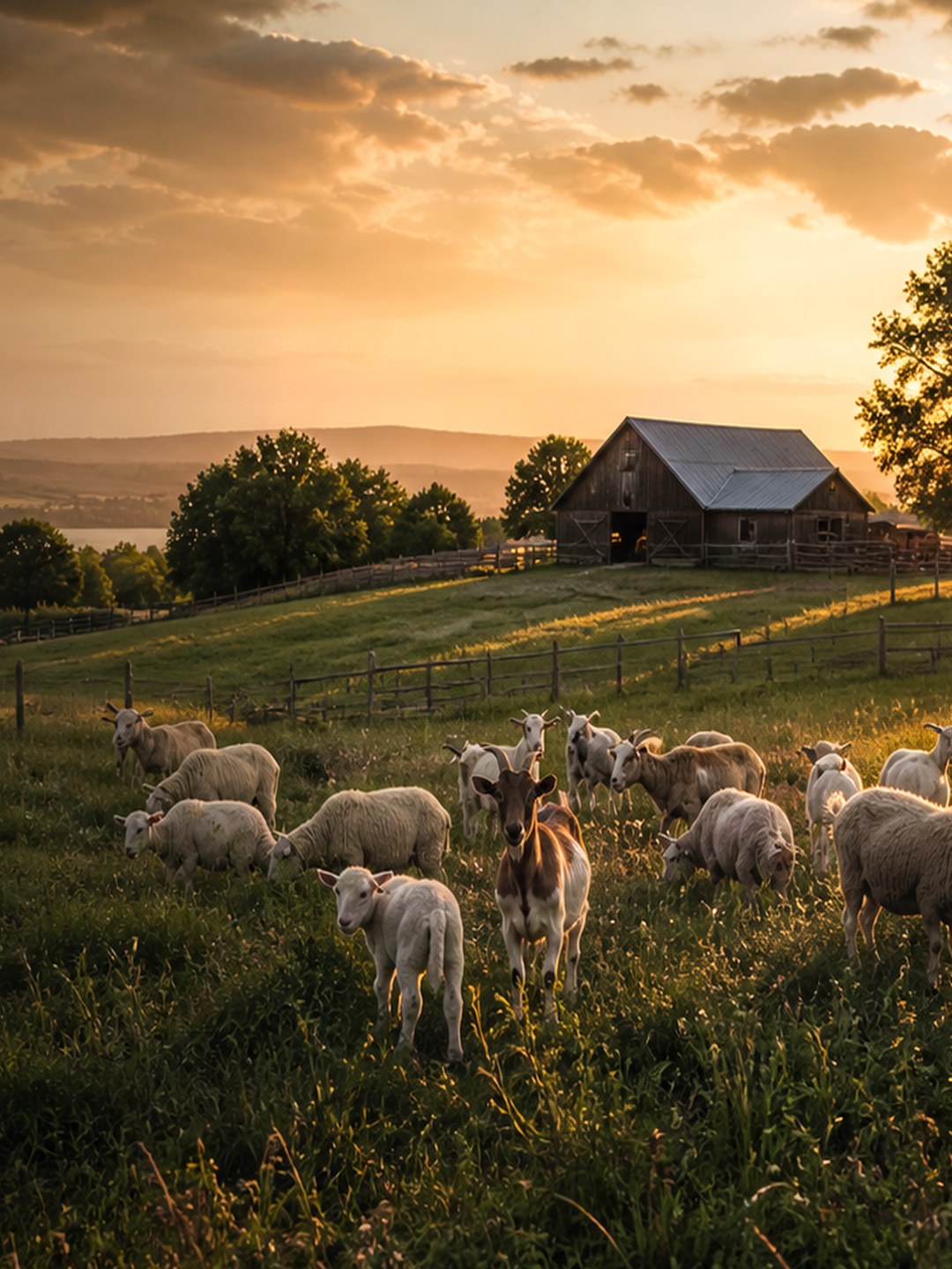 Sheep and goats grazing on a golden hour farm pasture
